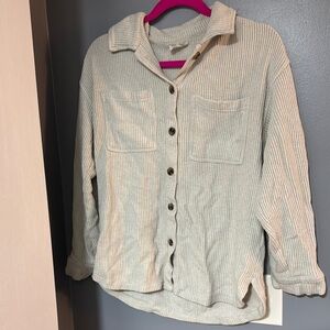Cream Waffle knit Button-Up Shirt with Pockets